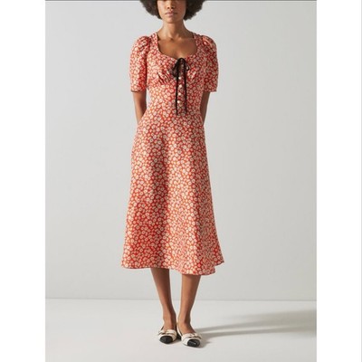 L.K. Bennett Julien Red Daisy Floral Midi Dress Size US 2
