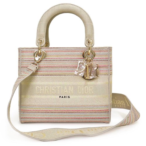 CHRISTIAN DIOR Lady Dior Embroidered Canvas Stripe Multicolor Handbag #341