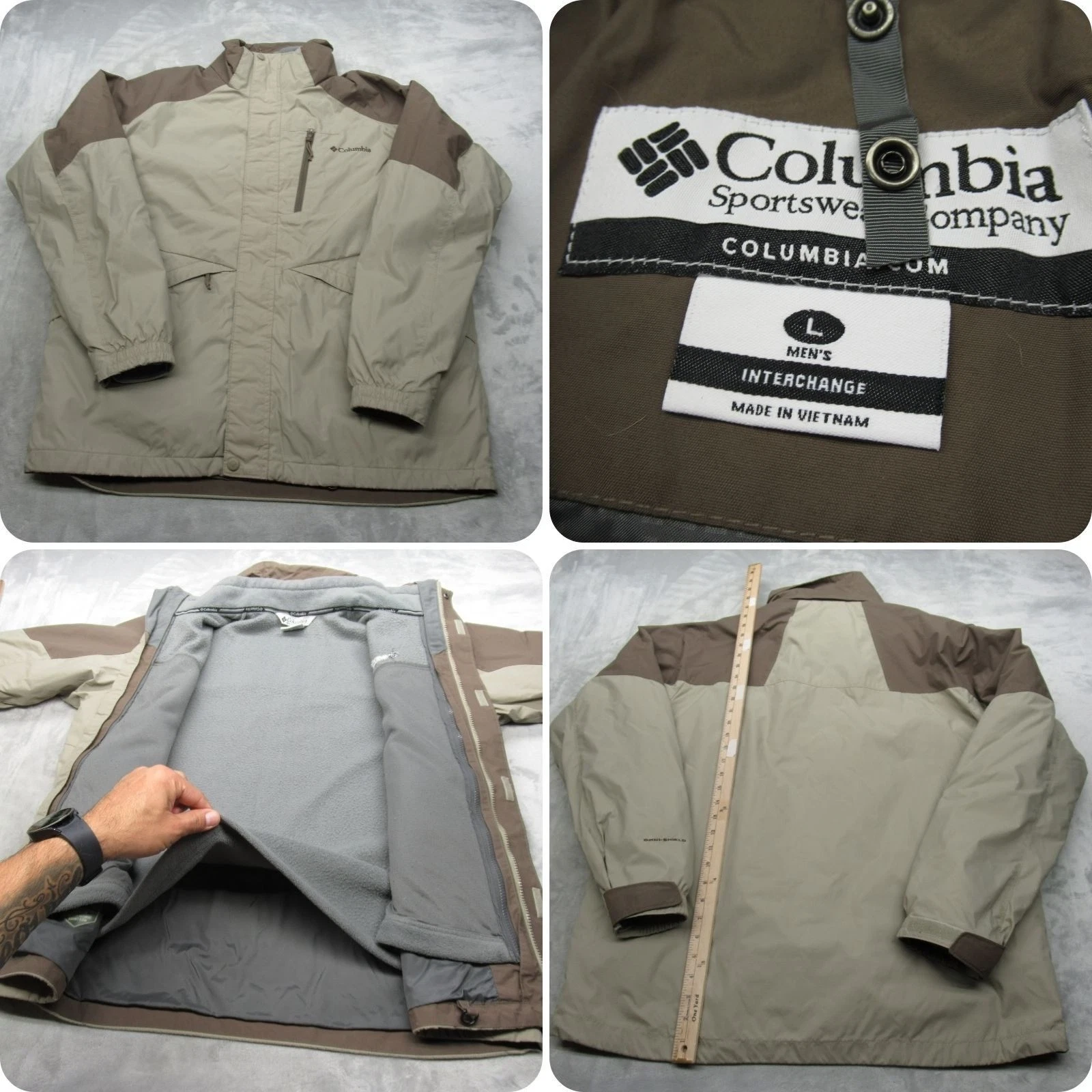 Columbia Jacket Mens Large Tan Interchange Rain Wind Removable Liner 3in1