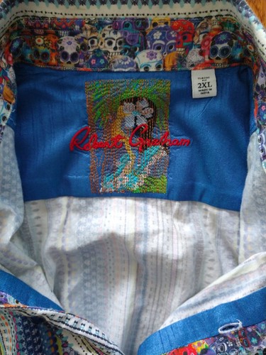 Robert Graham Striped Design Shirt Sz. 2XL Skull Flip Cuffs Colorful Embroidered - Picture 8 of 11