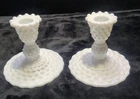 Vintage Set of 2 Duncan & Miller Milk Glass Hobnail Candlestick Holders. 4.5"