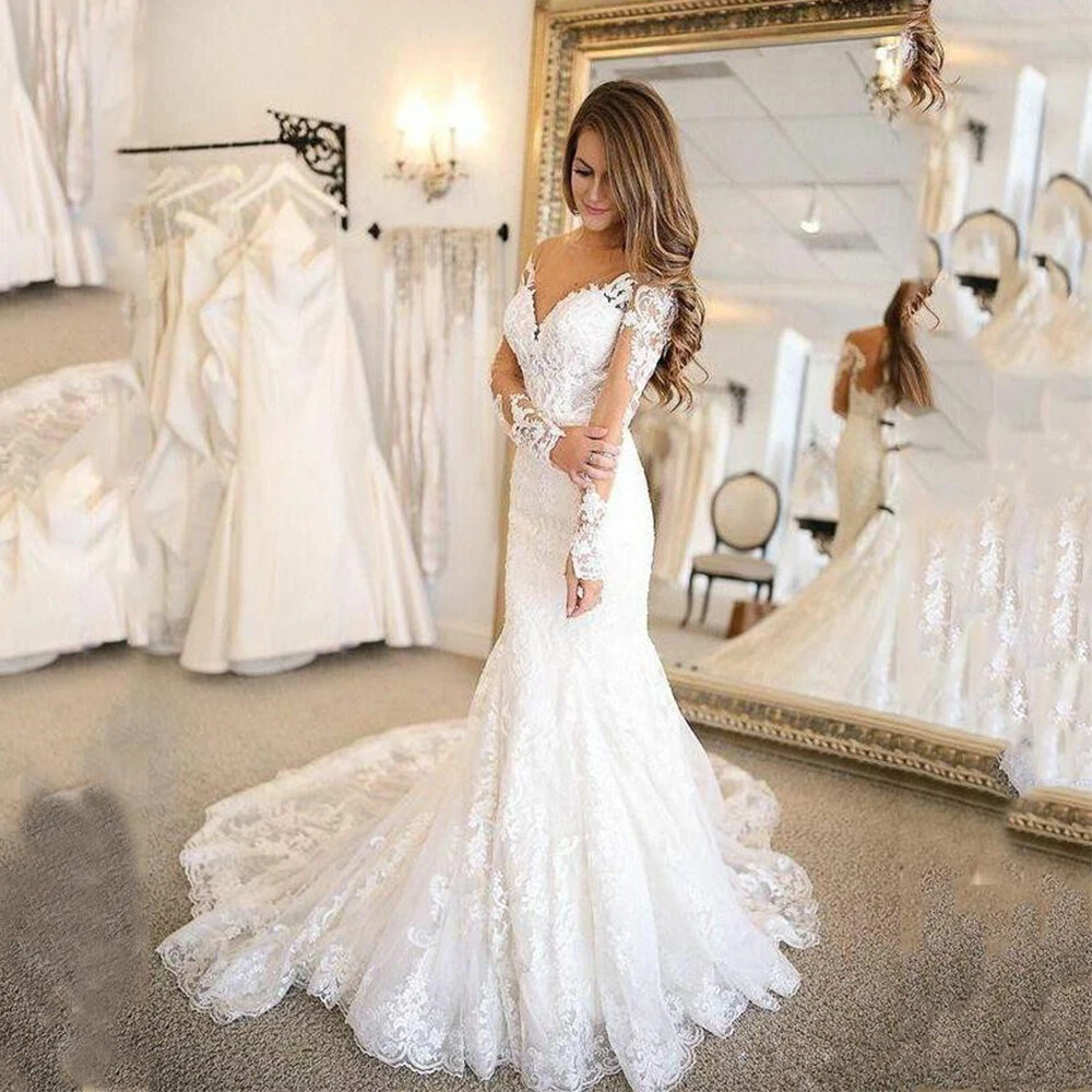 Long Sleeve Mermaid Wedding Dresses with Detachable Train Satin Bridal Gowns  | eBay