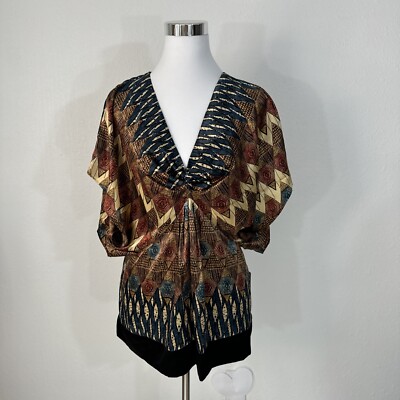 Allan B Allen Schwartz Blouse Womens L Blue Top Brown Tan NWT