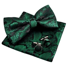 Mens Paisley Bow Tie Pocket Square Cufflinks Set Dark Green
