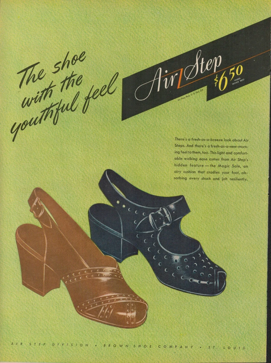 1945 Womens Fashion Shoes Air Step 1940s Vintage Print Ad Brown Shoe Company