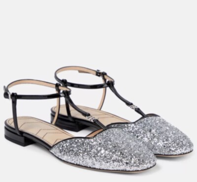 Gucci Double G T-Strap Silver Glitter Ballerina Ballet Flat Shoes 39/ 9 NIB $920