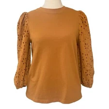 A New Day Saddle Brown Eyelet 3/4 Puff Sleeve Crew Neck Casual Blouse