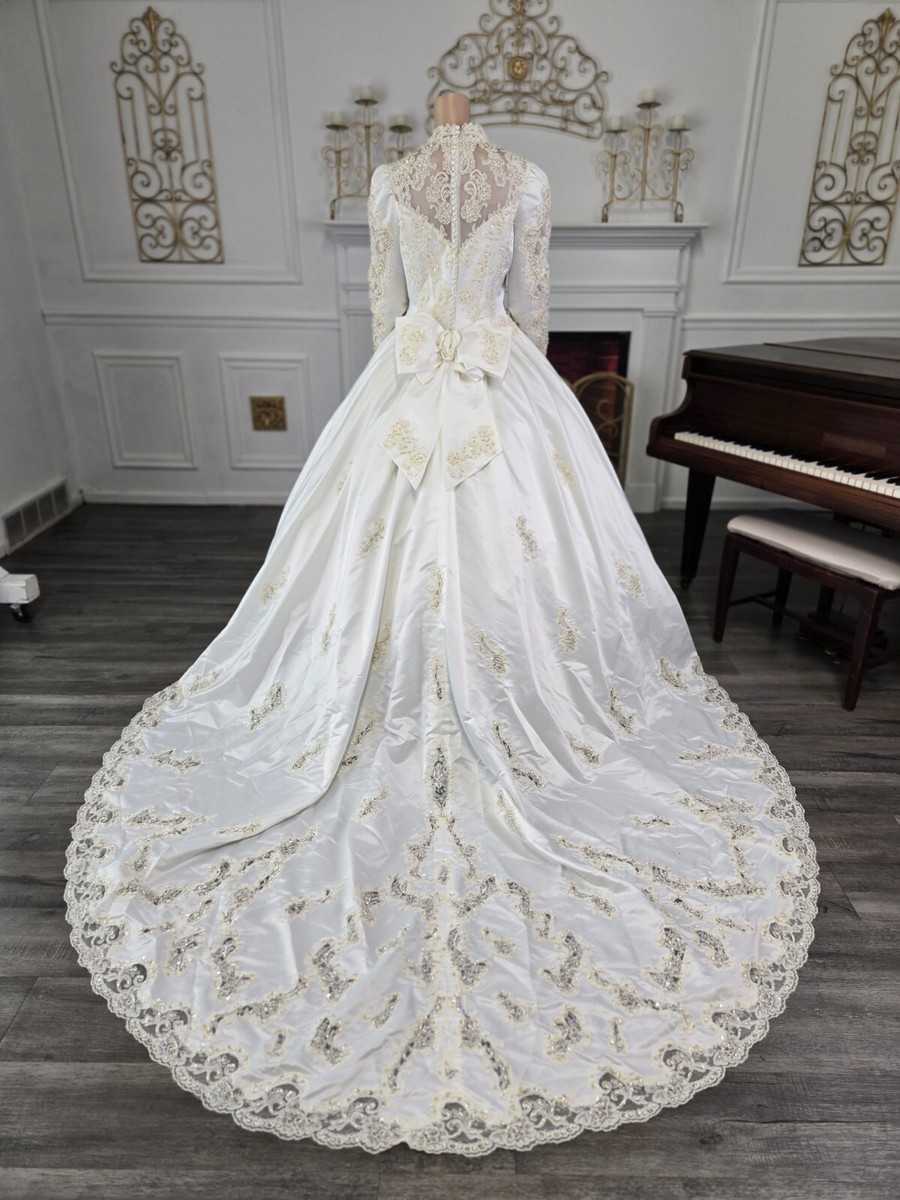Alfred Angelo Vintage 80s 90s White Satin Long Sleeve Wedding Dress sz 14 |  eBay