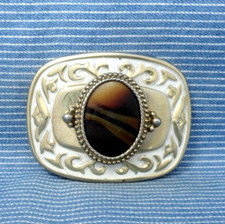 Western Scroll Belt Buckle Cowboy Brown Tan Banded Agate Cowgirl Vtg 80s .GTA319