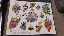 Vintage Chambers Catholic Mary Cross heart Tattoo Flash Wall Art Sheet Color 340