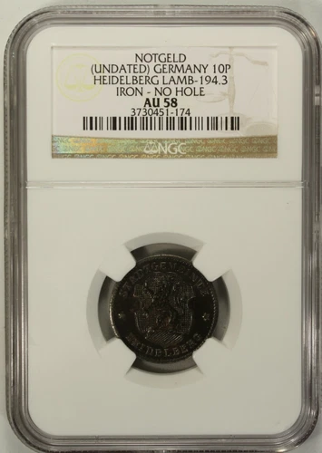 Germany 10 Pfennig Undated NGC AU 58 Iron No Hole City of Heidelberg Lamb-194.3