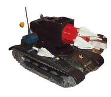VINTAGE BATTERY-OPERATED M-4033 ARMY TANK MISSILE TIN TOY MODERN TOYS JAPAN 1960