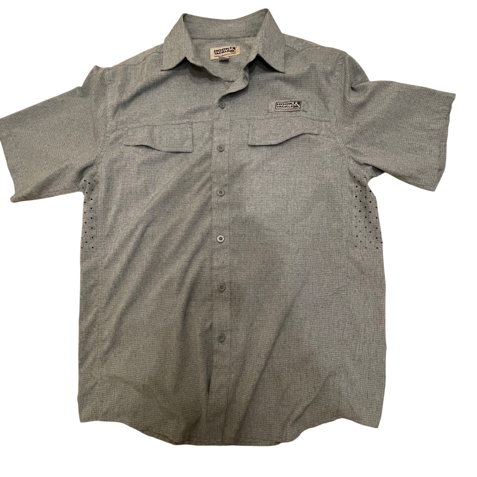 Hook & Tackle Fishing Shirt Vented Short Sleeve Button Up Gray Mens M