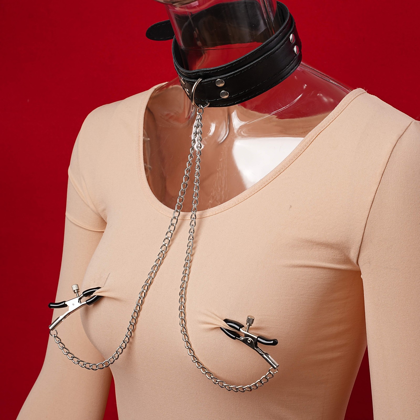 Slave Faux Leather Choker Collar with Breast Clamp Clip Chain Couples SM Cosplay