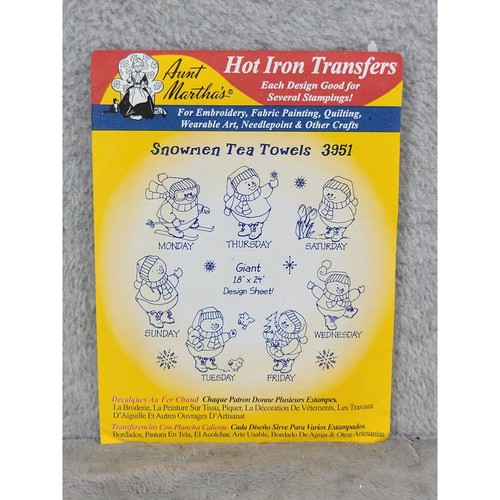 Aunt Martha's Hot Iron Transfers 3951 Snowmen Tea Towels Days of the Week Giant