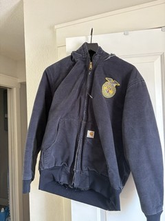 Carhartt FFA blue Work Jacket Size L Made in USA Navy Hooded Zip Up
