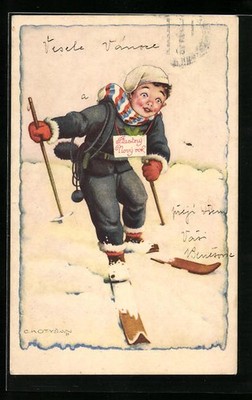 Artist Postcard Boy on Skis with Poles 1931 