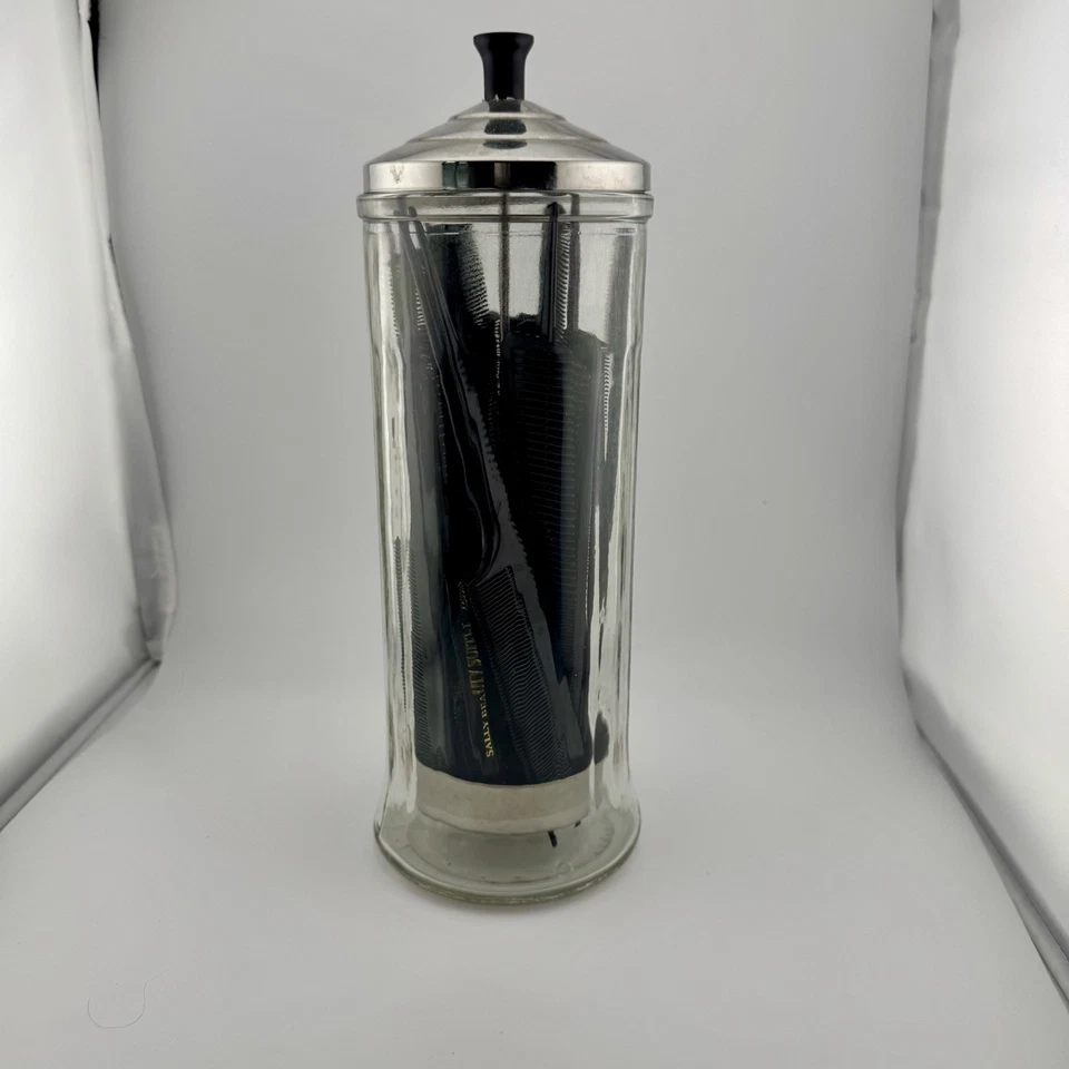 Tarro de vidrio desinfectante barbicida barberos vintage con tapa de metal e inserto Foto 3 de 4