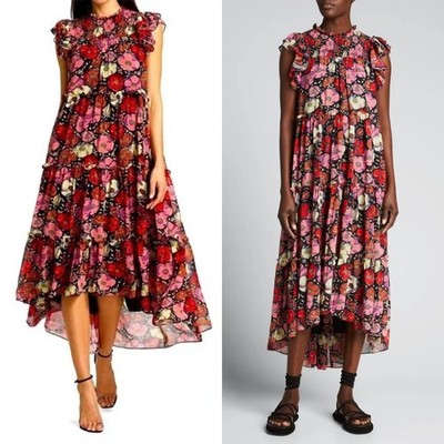 Cinq A Sept Women's Ricki Red Pink Floral Ruffle Silk Sleeveless Midi Dress (10)