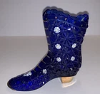 Fenton Glass Cobalt Blue Hand Painted Victorian Boot Signed By Dave Fenton