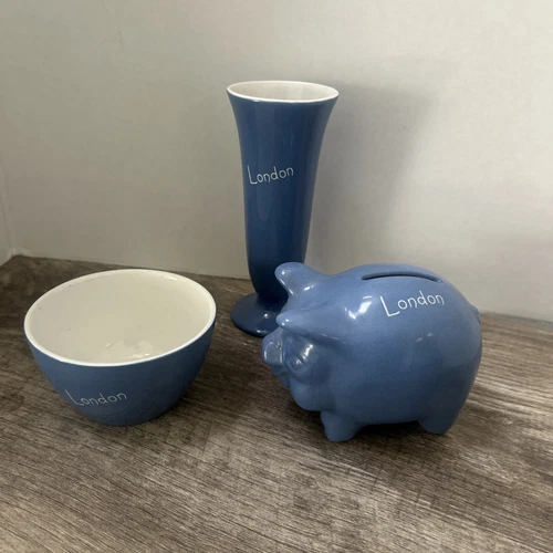 Vtg Old Foley James Kent Staffordshire England  Blue dish, vase, piggy bank set