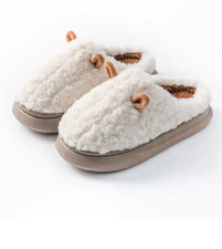WHITE- Winter Slippers Plush Fleece Warm Cotton Slippers with Non-Slip Sole