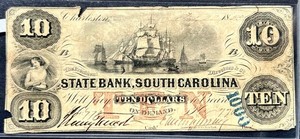 1859 $10 State Bank South Carolina Obsolete Banknote.