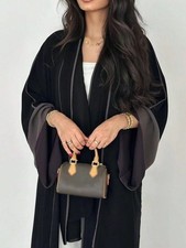 Muslim Luxury Black Open Front Abaya - Grey Full Bell Sleeve Modern Dubai Style.