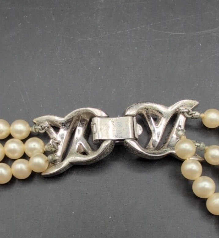 Vtg Crown Trifari Faux Pearl Beaded Triple Strand Necklace w Rhinestone