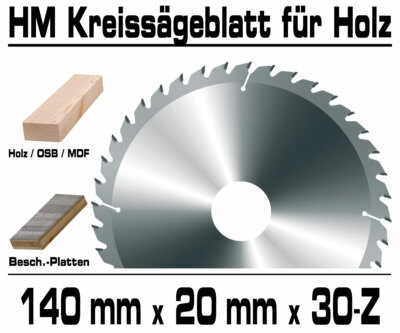 Hartmetall Kreissägeblatt 140 x 20 mm x 30 Zahn Holz Kappsäge Hand Kreissäge XT