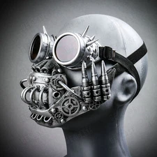 Burning Man Steampunk Robot Mask w/ Spikes Goggles Lens Halloween Costume Silver