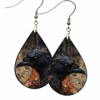 Dark Fantasy Black Raven at the Window Dangle Earrings Teardrop NO TARNISH Wood