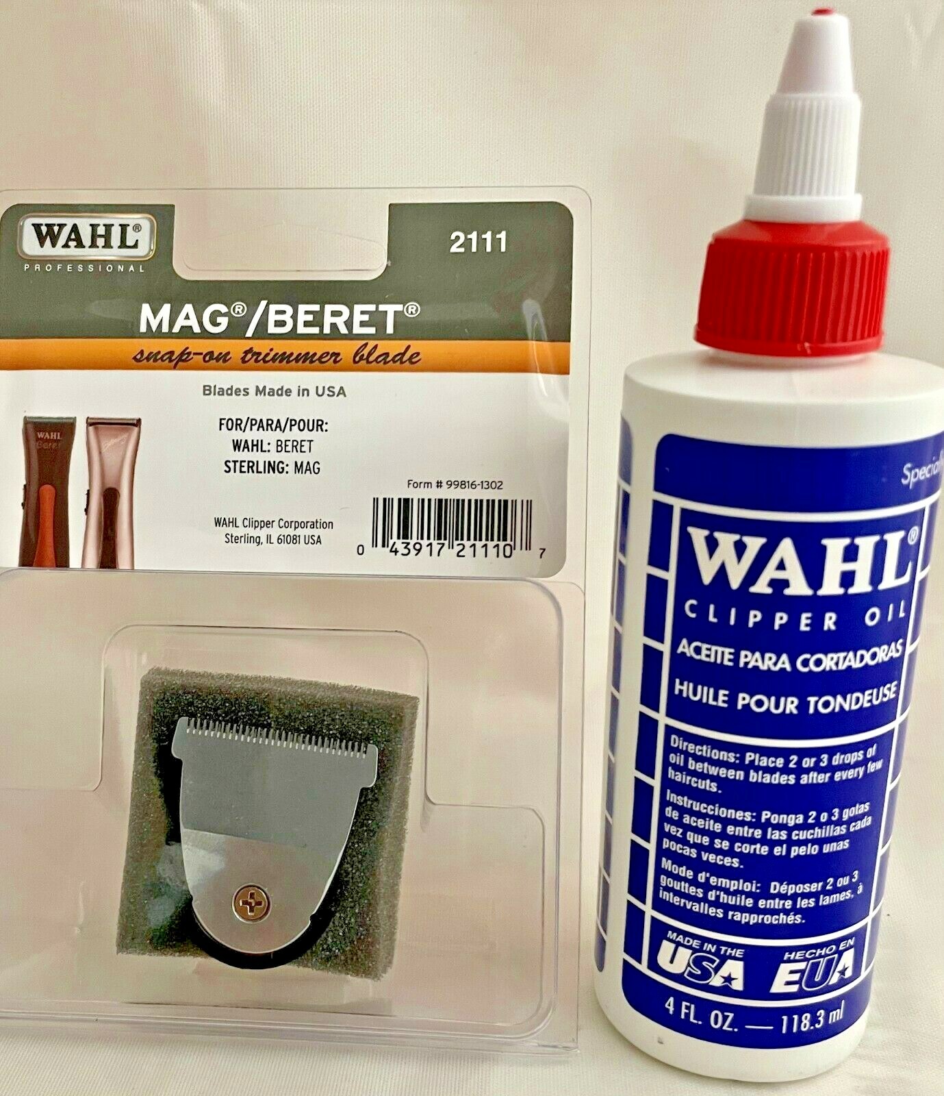 WAHL PRO # 2111  MAG/STERLING 4 SNAP ON TRIMMER BLADE AUTHENTIC & 4 OZ WAHL OIL