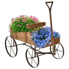 Wood Wagon Flower Planter Pot Stand Bed W/Wheel Garden Yard Outdoor Decor Brown