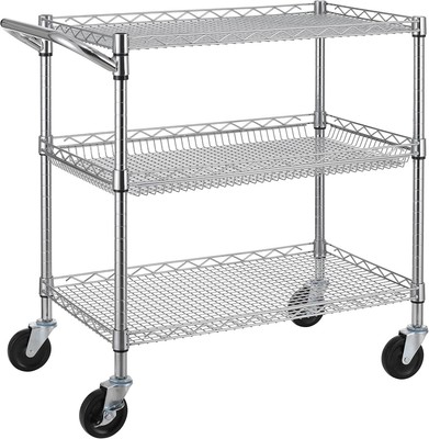 Rust-Resistant Chrome Utility Cart with 3 Shelves and Handle Bar - Easy Assembly