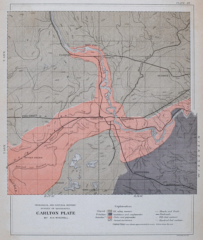 Mapa geológico Winchell Minnesota 1901 condado de Carlton Thompson Otter Creek MN Foto 2 de 3