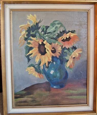 Oil painting sign. R. Krehmeier still life bouquet sunflowers in blue vase