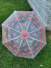 Vintage 80s 90s Clear Colorful Heart Umbrella Pink Handle SHAW Vinyl