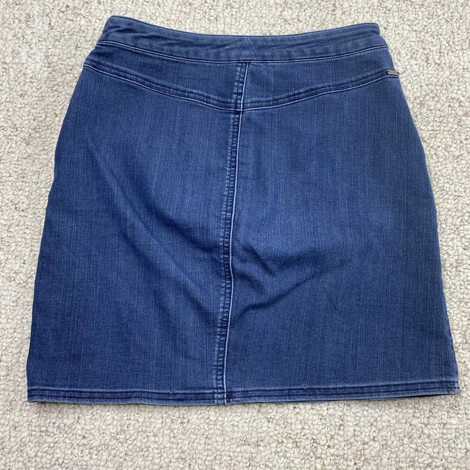 Saia jeans feminina prAna tamanho 0 lavagem escura lápis jeans tamanho zíper elástico casual - Imagem 2 de 4