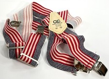 Vintage CLC Work Suspenders Retro Striped Red White Blue Clips Leather Details