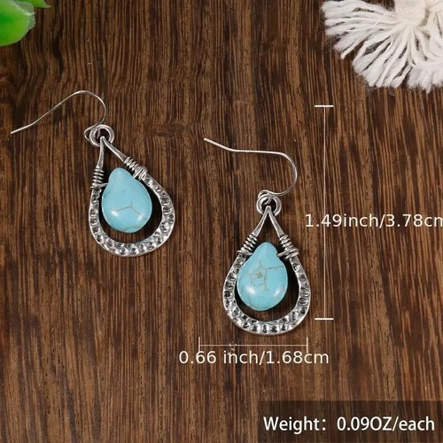 Hammered Teardrop Turquoise Stone Dangle Drop Earrings Silver - Picture 4 of 7