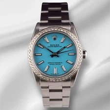 Rolex Oyster Perpetual 31mm 1ct Diamonds Baby Blue Dial Steel Watch 77080