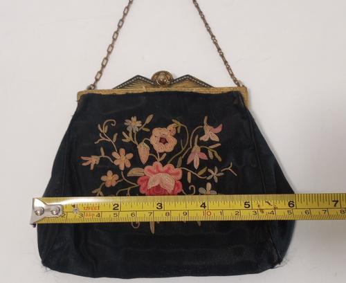 Antique Black Satin Bag Purse Metal Closure & Chain & Embroidered Flowers - Picture 10 of 11