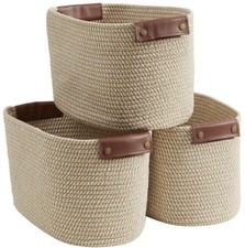 3 Pack Cotton Rope Storage Basket Woven Shelf Bin with Faux Leather Handles, ...