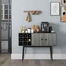 Buffet Cabinet, Storage Sideboard with 9-Bottle Wine Rack Distressed, Grey