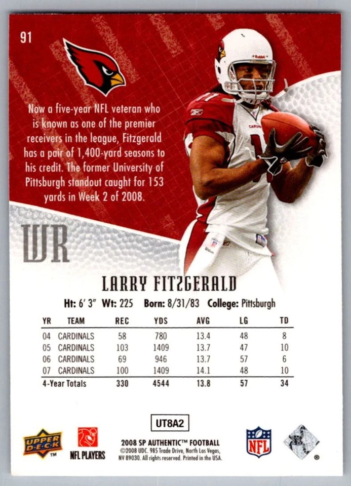 2008 SP Authentic Larry Fitzgerald Arizona Cardinals #91 - Image 2 of 2