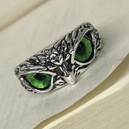 Anello Fascia Gufo Regolabile in Argento con Occhi Verdi, Anello Impermeabile, Unisex - Foto 3 di 4