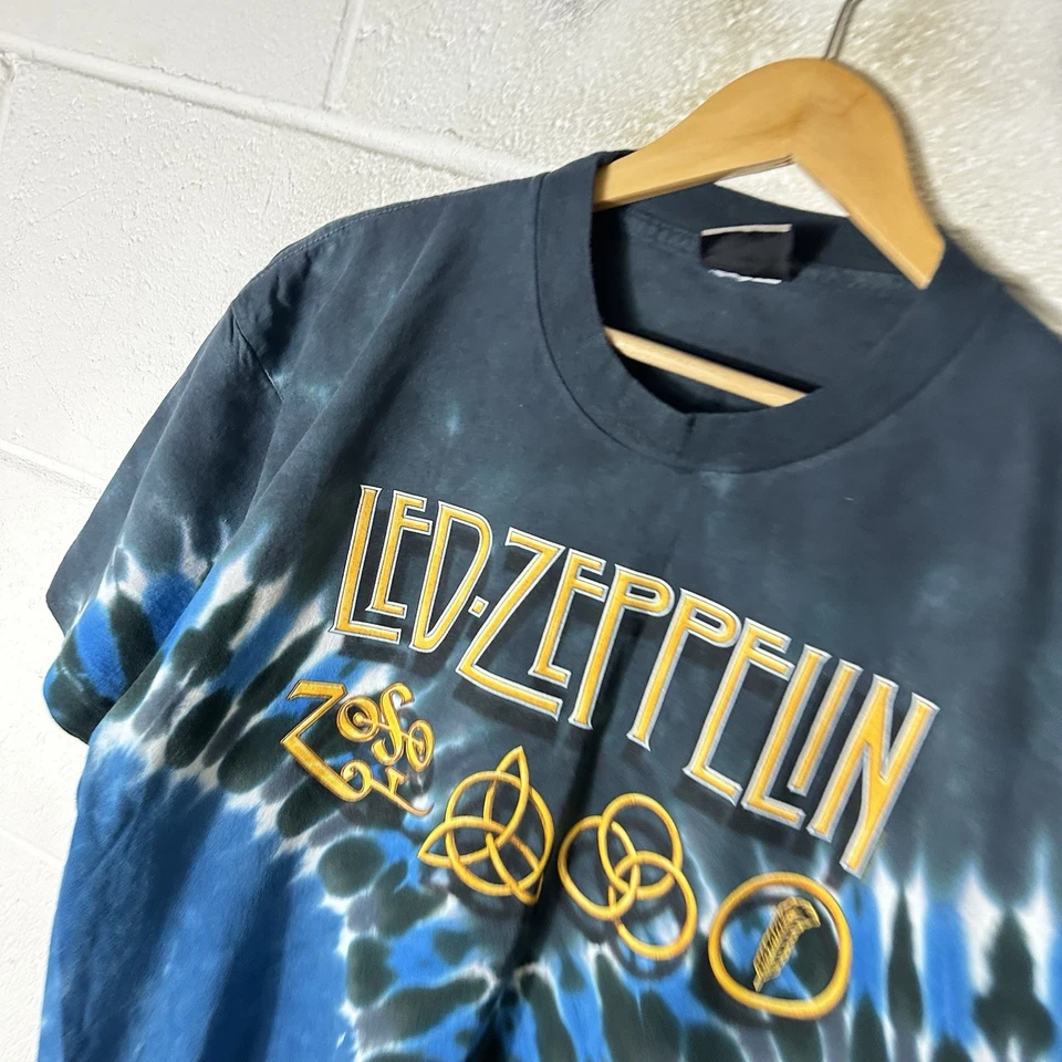 Camisa masculina vintage Led Zeppelin grande azul líquido azul corante banda AOP 2004 - Imagem 4 de 4