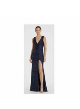 Mac Duggal 26598 Navy Blue V-Neck Sequin Wrap Waist Sleeveless Gown Dress Size 8