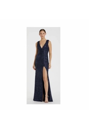 Mac Duggal 26598 Navy Blue V-Neck Sequin Wrap Waist Sleeveless Gown Dress Size 8
